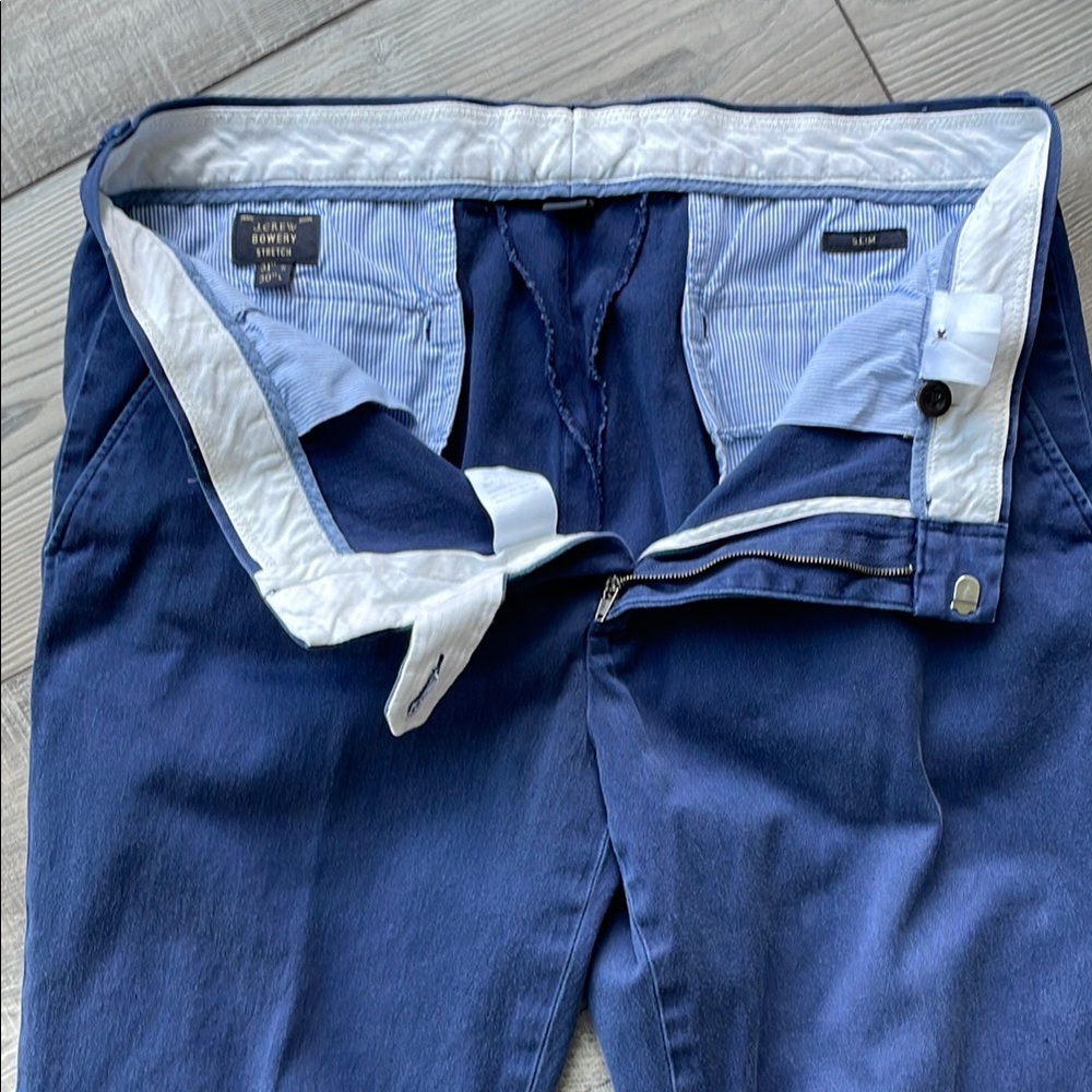 J. Crew Navy Bowery slim stretch chinos.